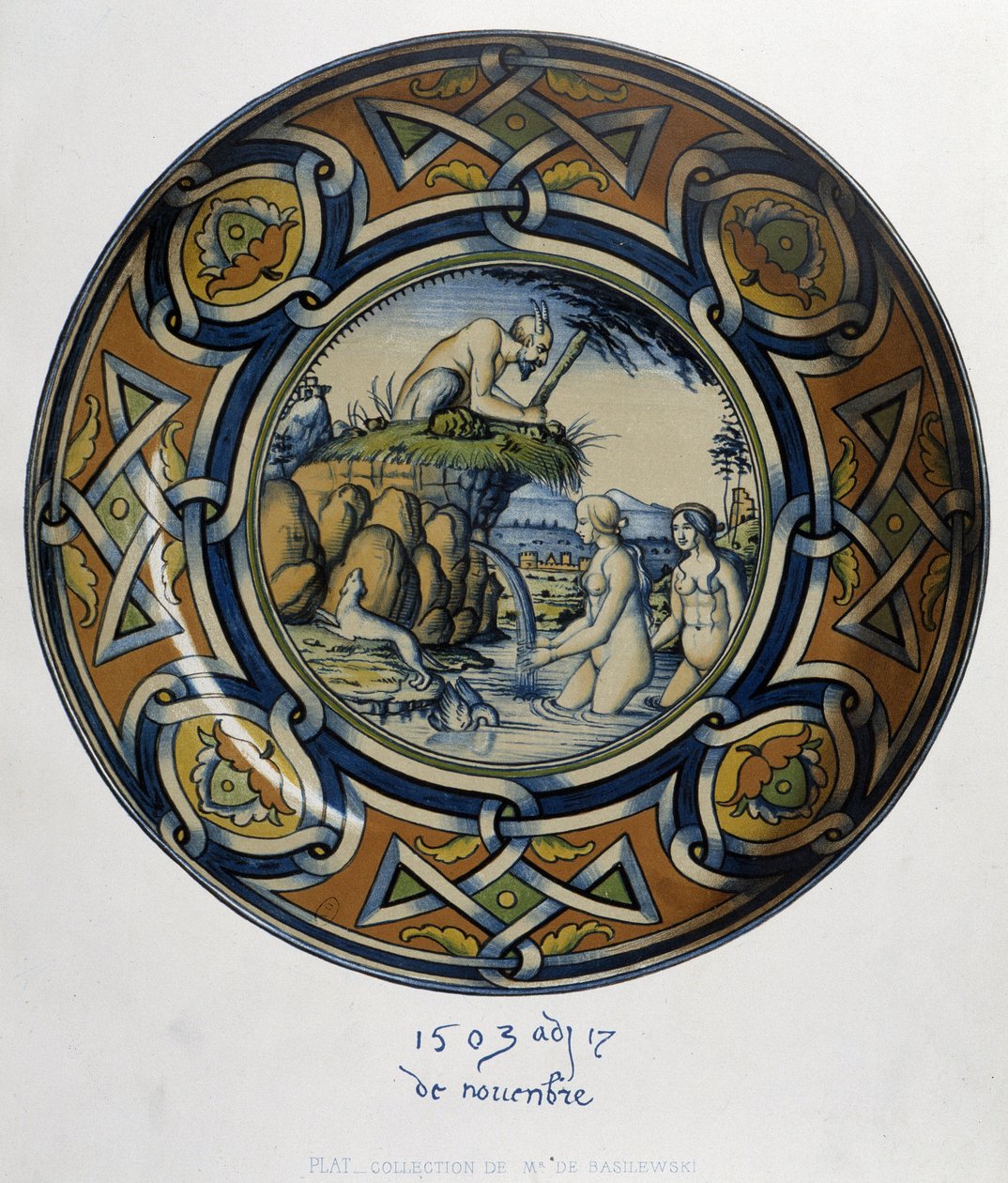 Actaeon Surprising Artemis (Diana) at the Bath - in “Collection of Italian Faiences of the XV, XVI and XVIIIth Centuries”, designed by C. Delange and C. Borneman, ed. Delange, Paris by Bornemann Bornemann