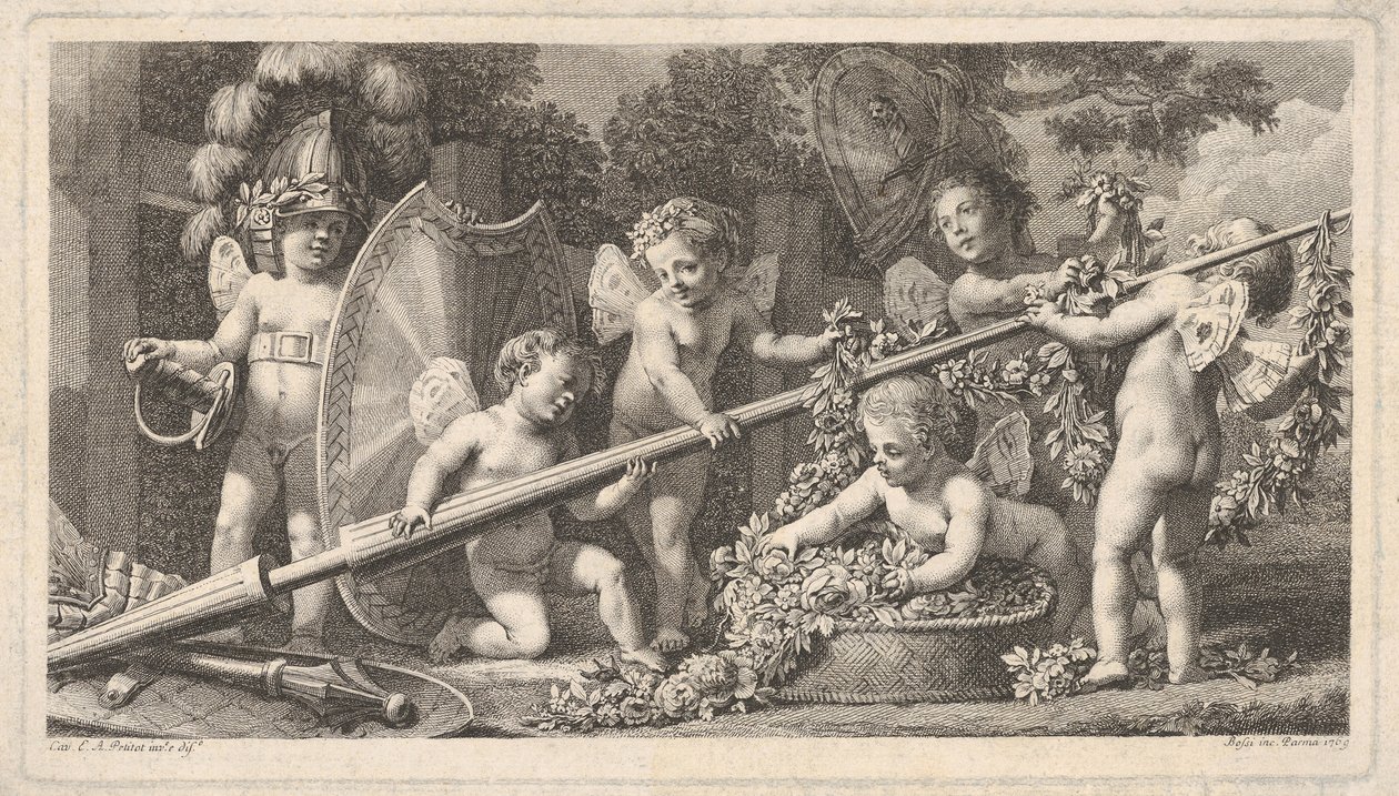 Six Putti Playing with the Arms of Mars by Bossi