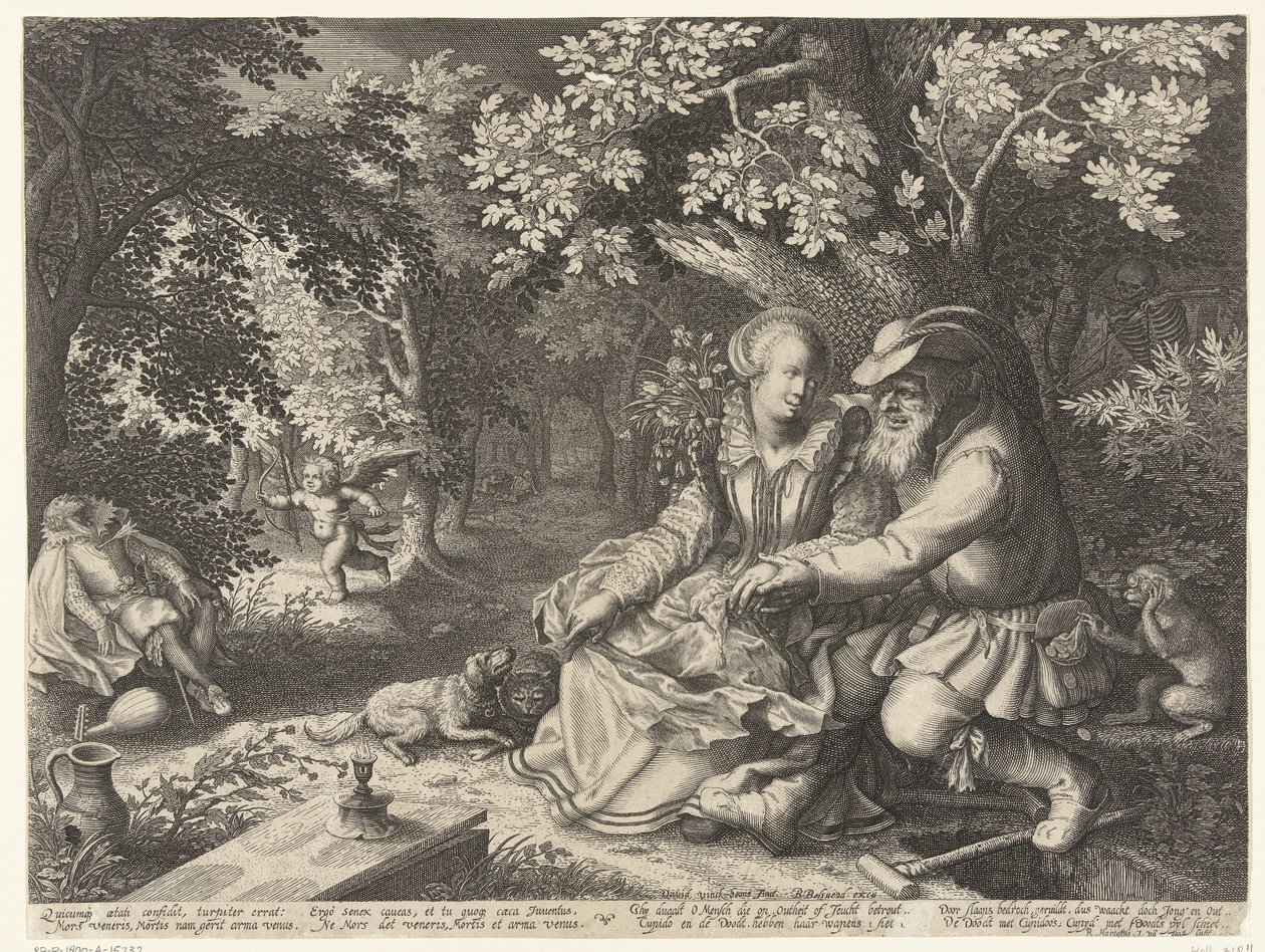 Death and Cupid Shoot Arrows at Each Other and Old Man Courts Young Woman by Boëtius Adamsz. Bolswert