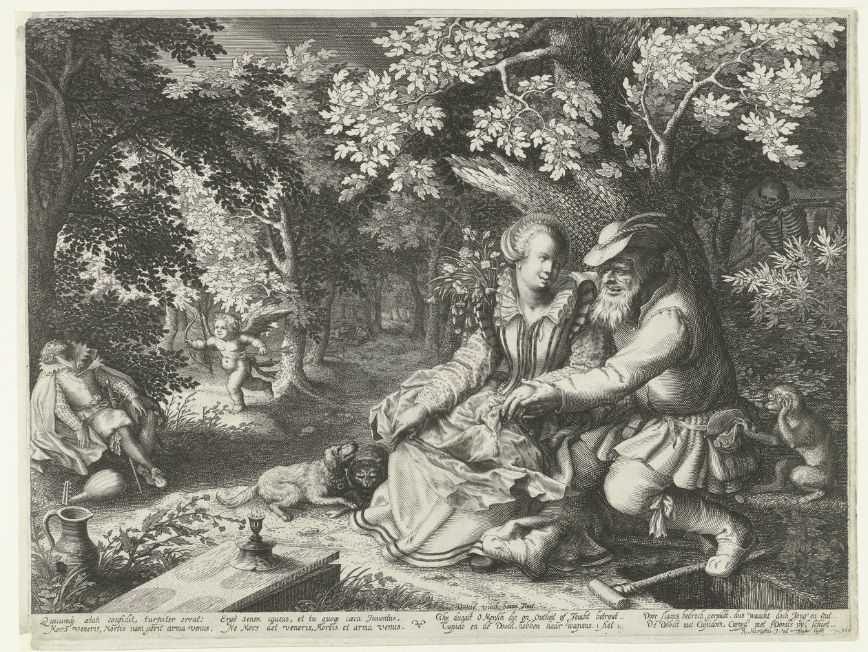 Death and Cupid Shooting Arrows at Each Other and Old Man Courting Young Woman by Boëtius Adamsz. Bolswert
