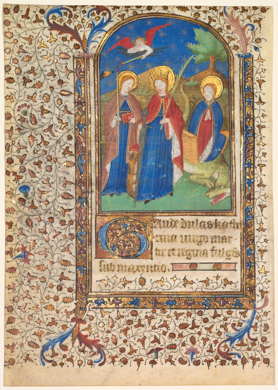 Leaf from a Book of Hours: Sts. Geneviève, Catherine of Alexandria, and Margaret (recto) by Boucicaut Master