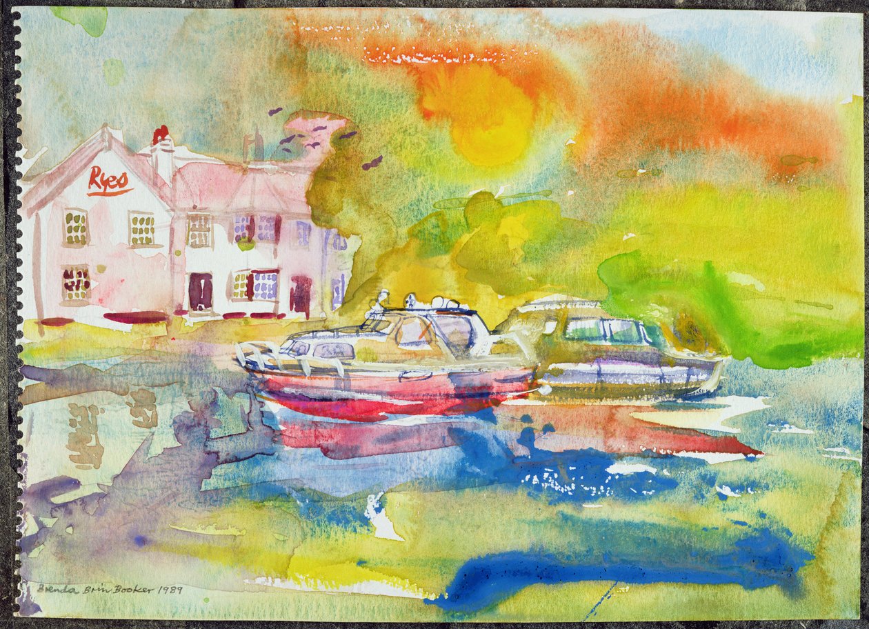 Riverside Pub with boats by Brenda Brin Booker