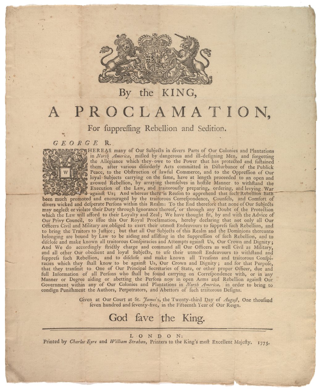 A Proclamation, for Suppressing Rebellion, 23rd August 1775 by British School