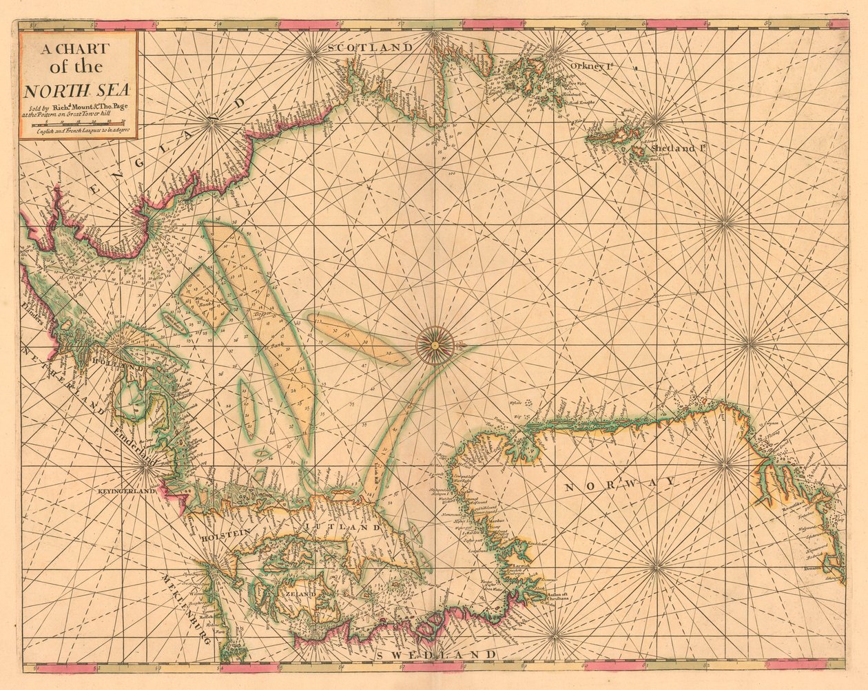 Chart of the North Sea: Norway to the Dover Straits, c.1700 (coloured engraving) by British School