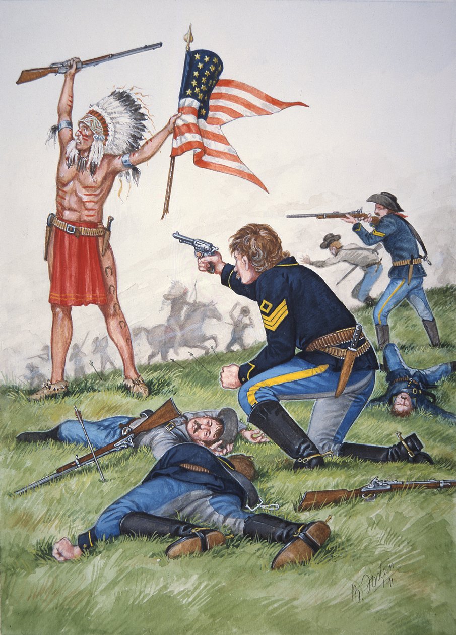 A Sioux warrior versus the 7th Regiment of US Cavalry in the Battle of the Little Bighorn, 25th June 1876, from a set of six tableaux by Bryan Fosten