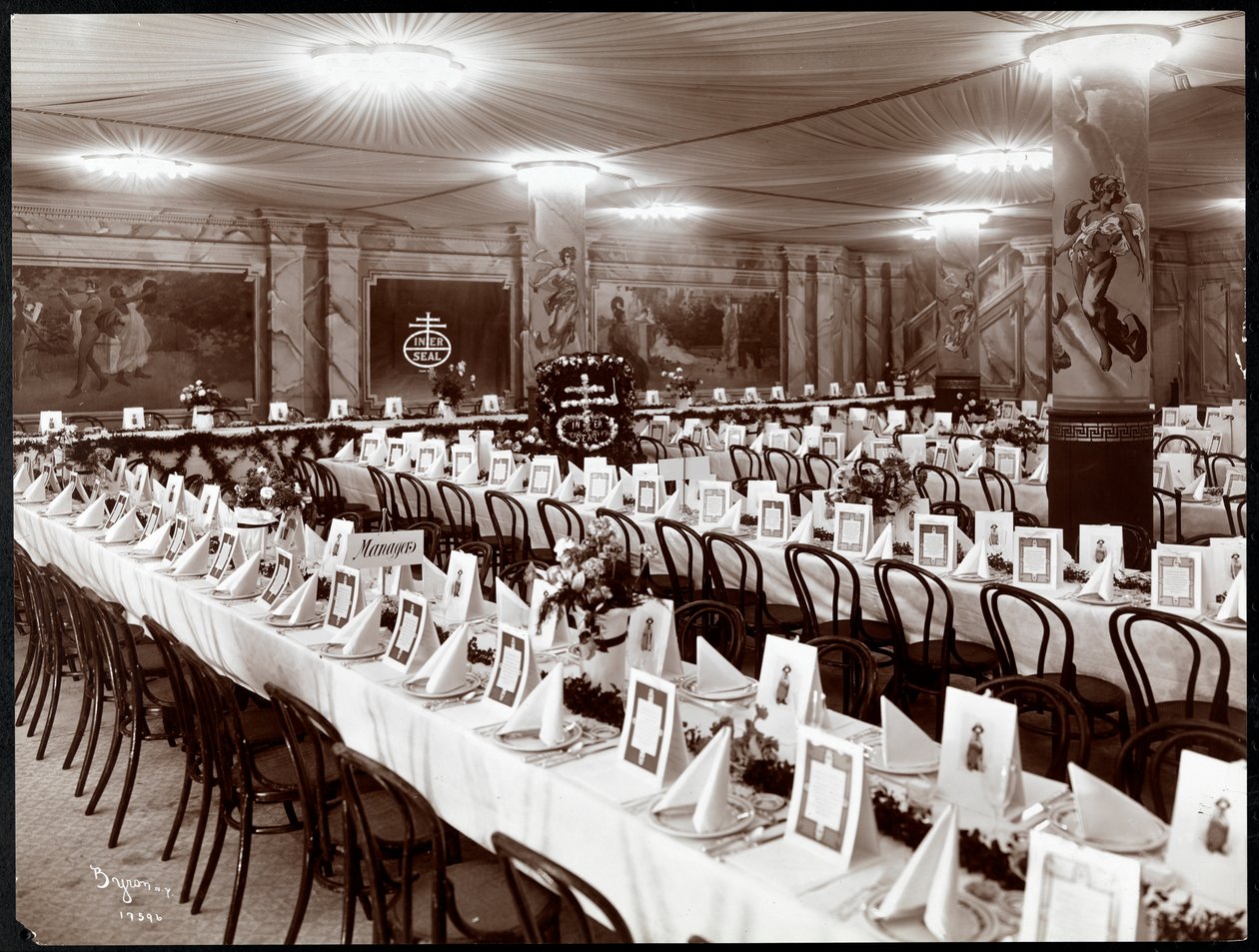 Banquet hall with table set for the National Biscuit Co. banquet, New York by Byron Company