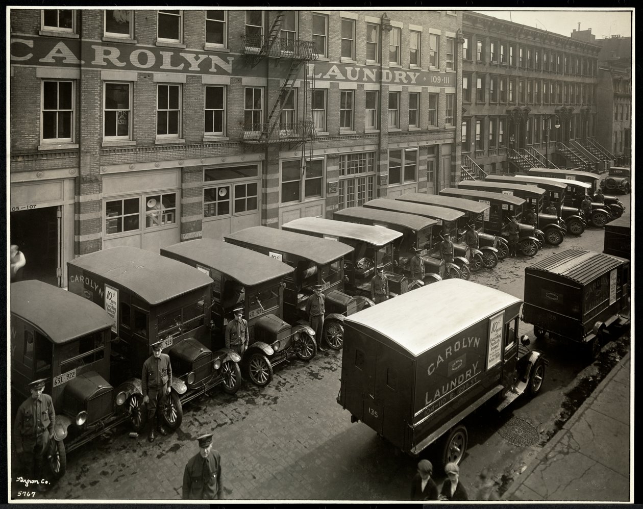 Delivery Trucks Parked Outside the Carolyn Laundry, East Harlem, New York by Byron Company