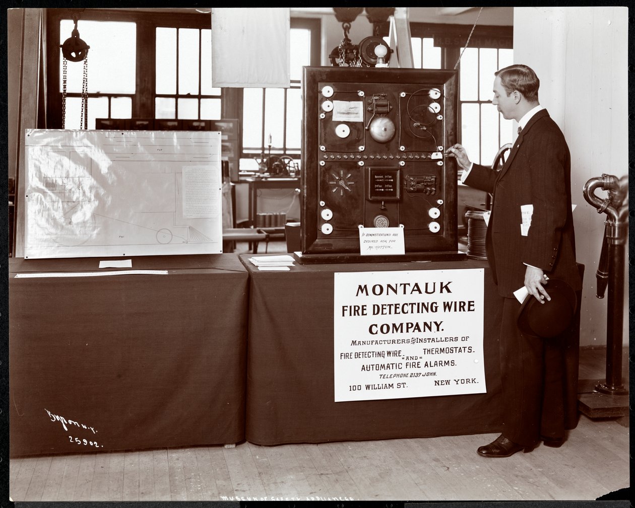 Exhibit of a fire detection system by the Montauk Fire Detecting Wire Co. at the Museum of Safety Appliances of the American Institute of Social Service, New York by Byron Company