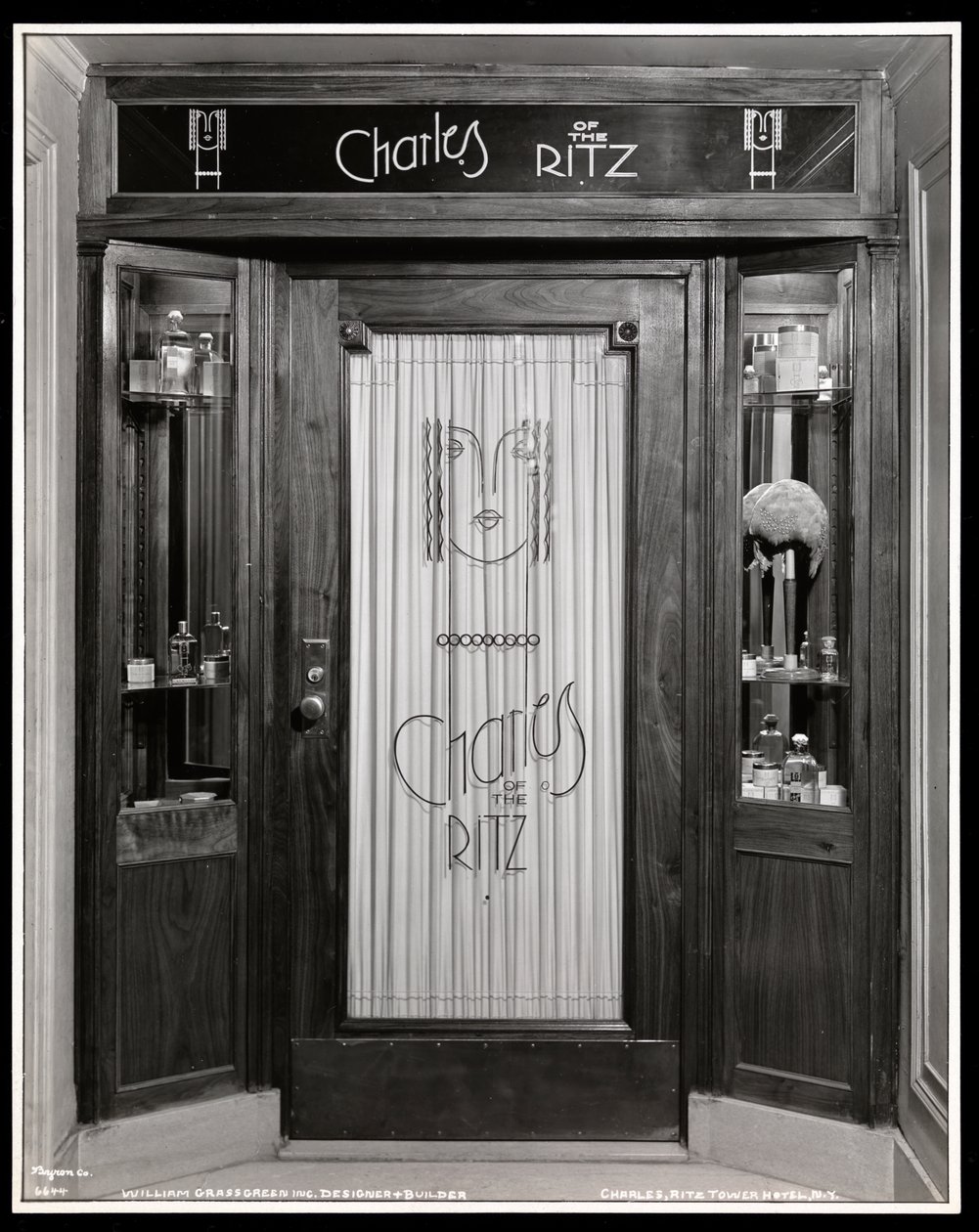 View of the entrance to Charles of the Ritz beauty salon in the Ritz Tower Hotel, Park Avenue and 57th Street, New York, 1932 by Byron Company