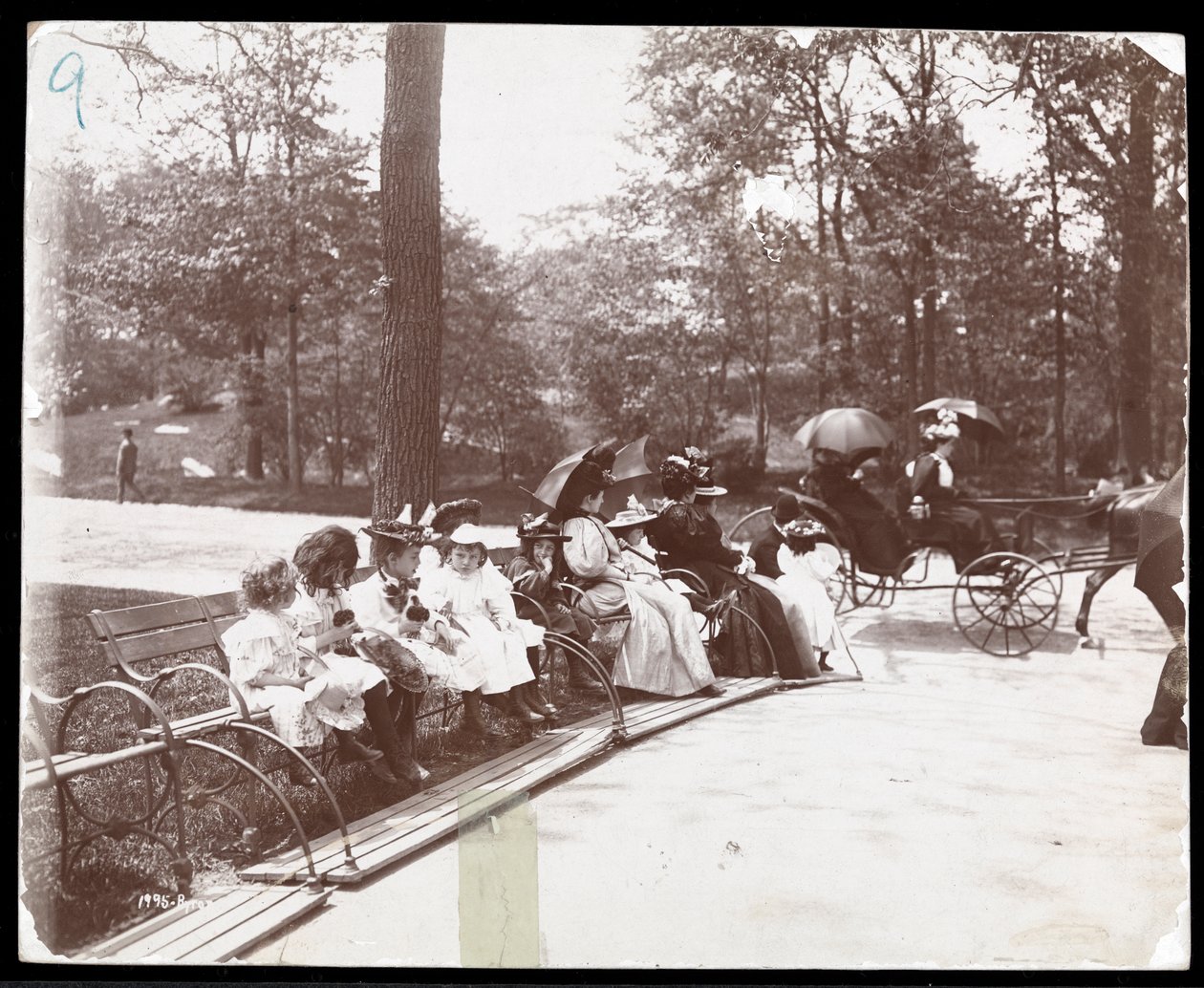 View of Women and Children Seated on Benches in Central Park, New York, 1898 by Byron Company