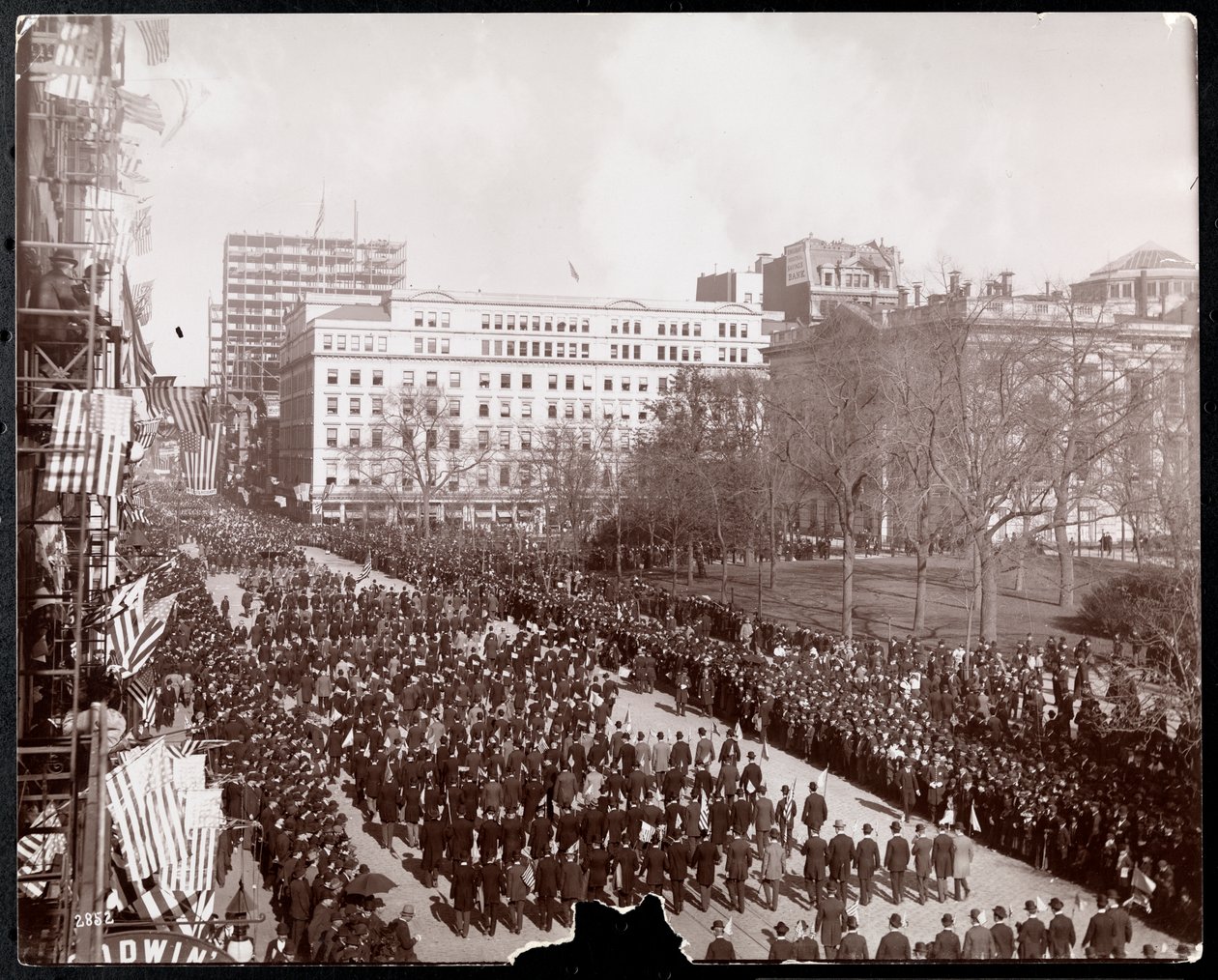 Aerial view of men marching in the Republican Gold Standard Parade on Broadway at City Hall Park, New York by Byron Company