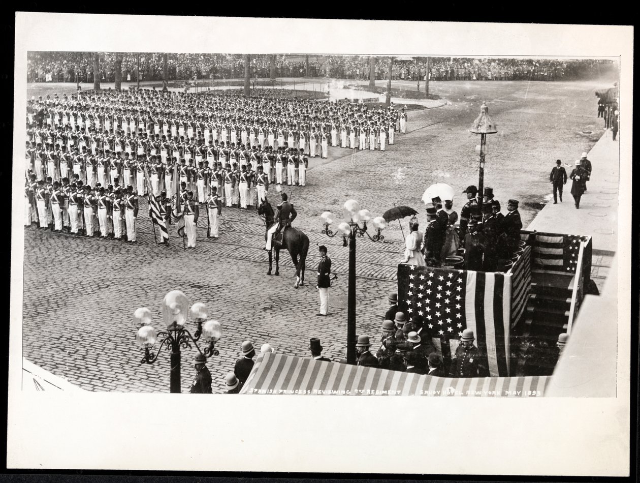 View of Princess Eulalia of Spain reviewing the 7th Regiment marching in the Columbus Celebration Parade at the Savoy Hotel, New York, 1899 by Byron Company