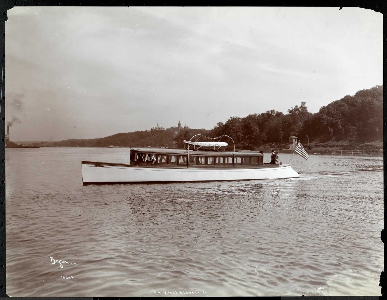 View of the Yacht Delicia of the New York Yacht, Launch and Engine Co. on the Hudson River near Morris Heights, New York, 1903 by Byron Company