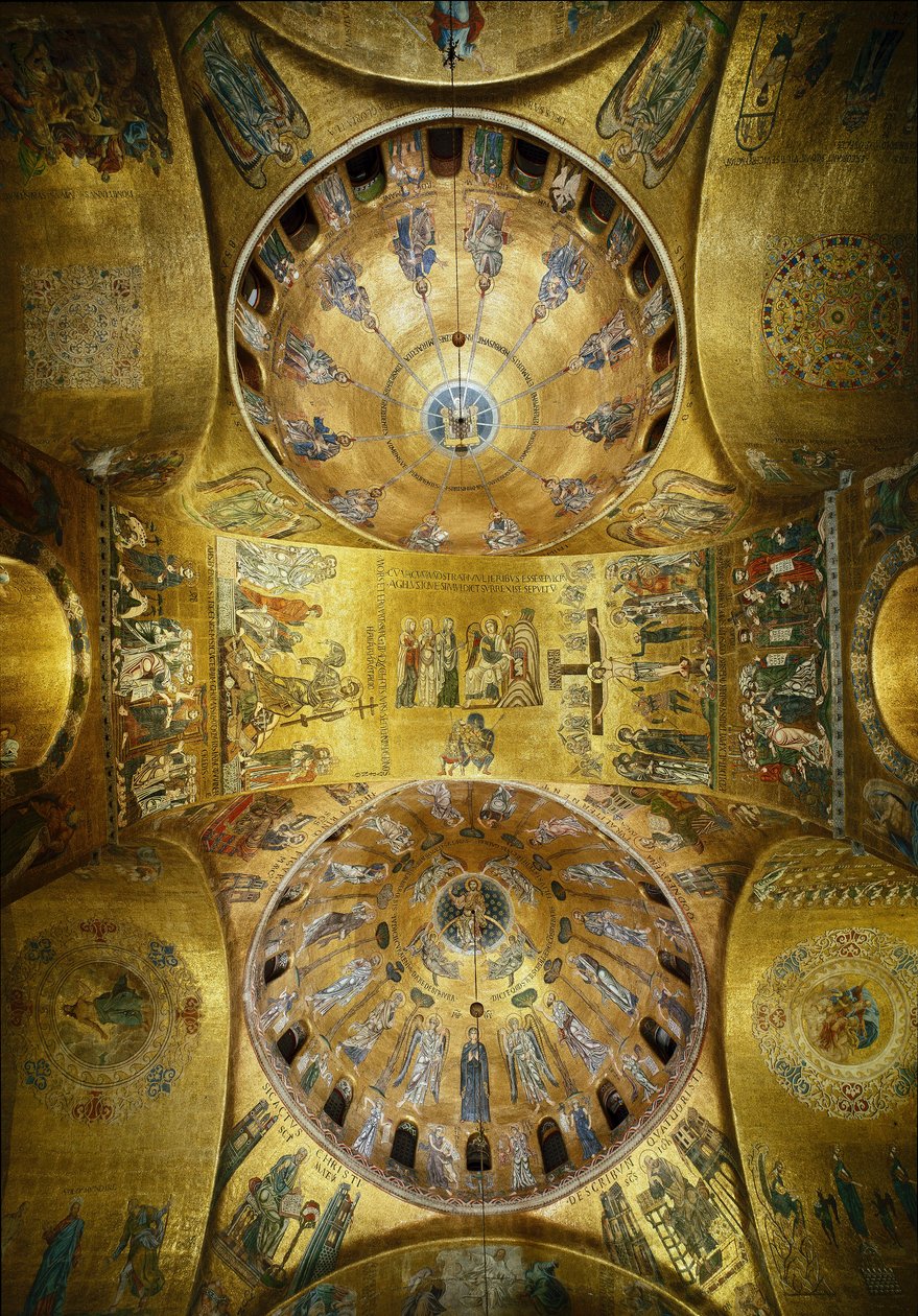 Byzantine architecture: view of the domes with mosaics on a golden background illustrating the Pentecost (1250-1300) and the Ascension (early 13th century). Basilica San Marco, Venice by Byzantine