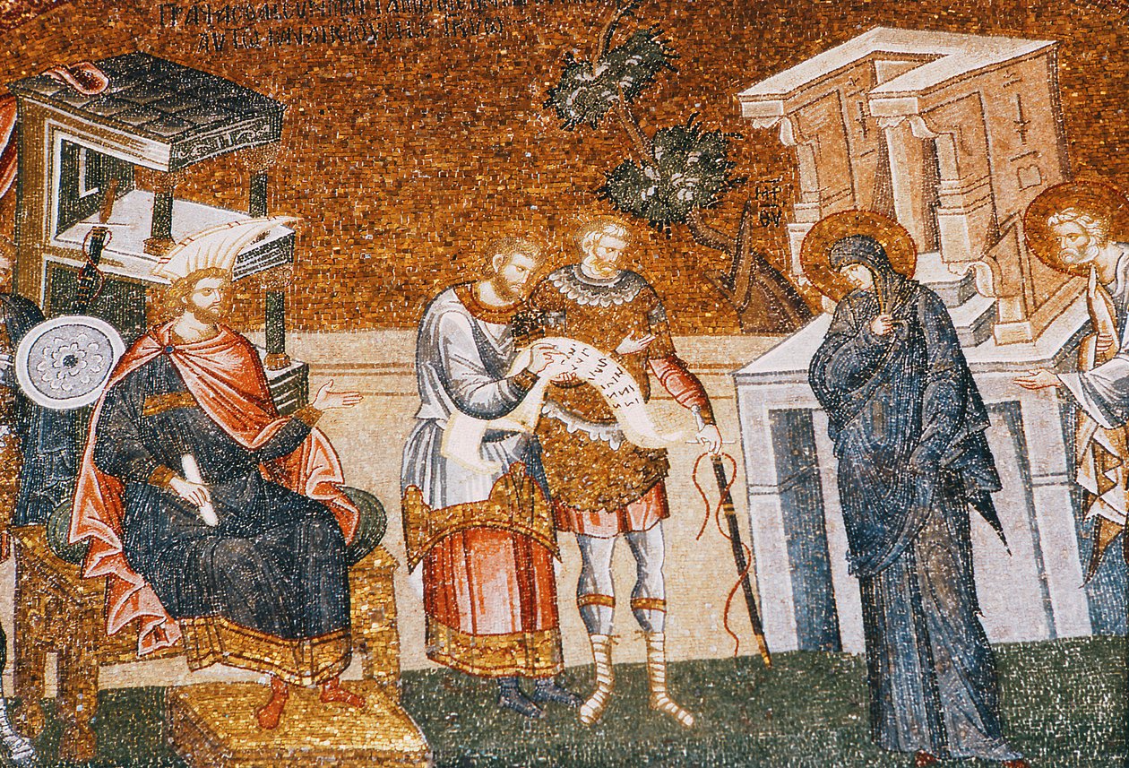 Mary & Joseph before Cyremius enrolling for the taxation, with a guard, a scribe and an officer, c. 14th century (detail) by Byzantine