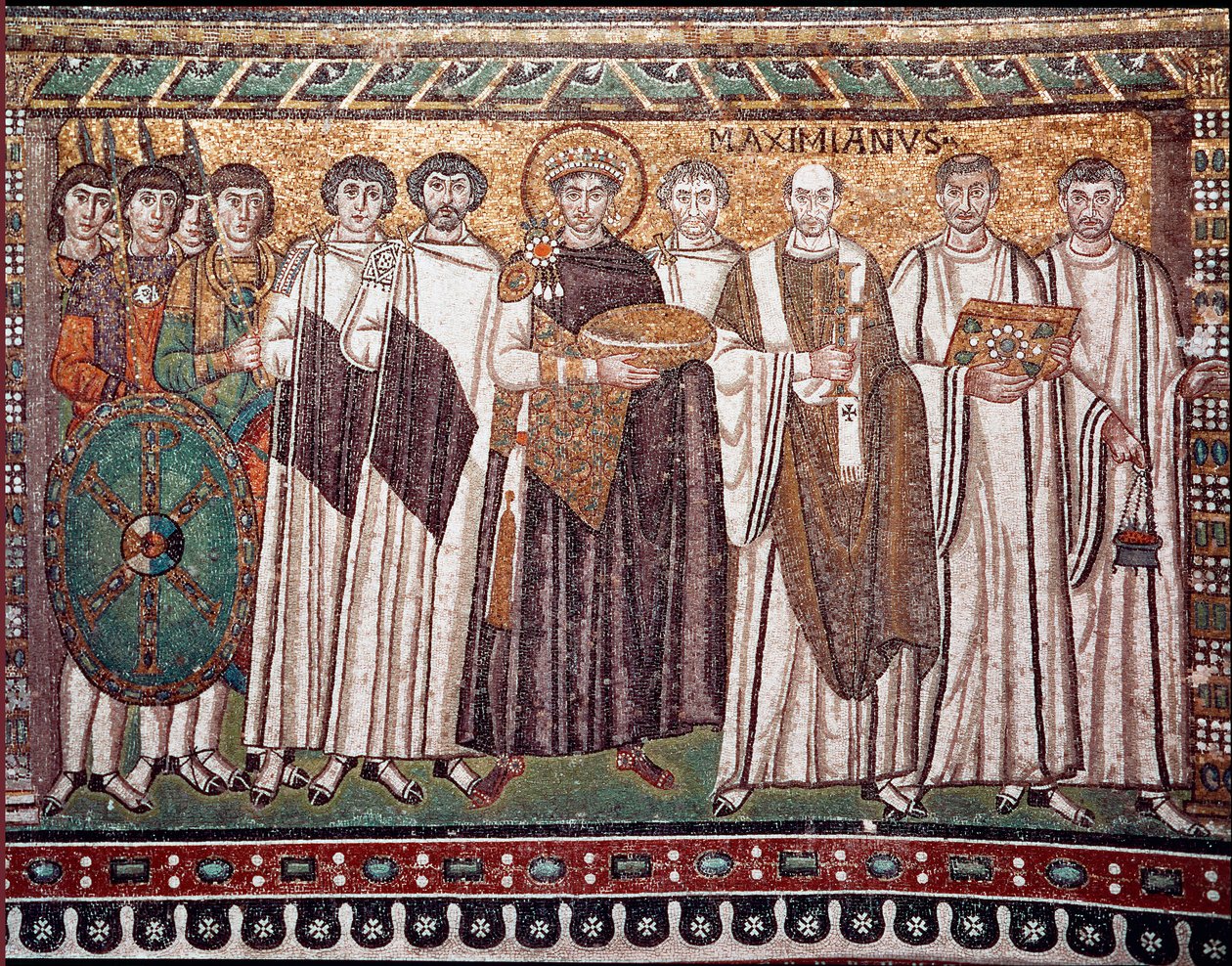 Emperor Justinian I and his retinue of officials, guards and clergy, c ...