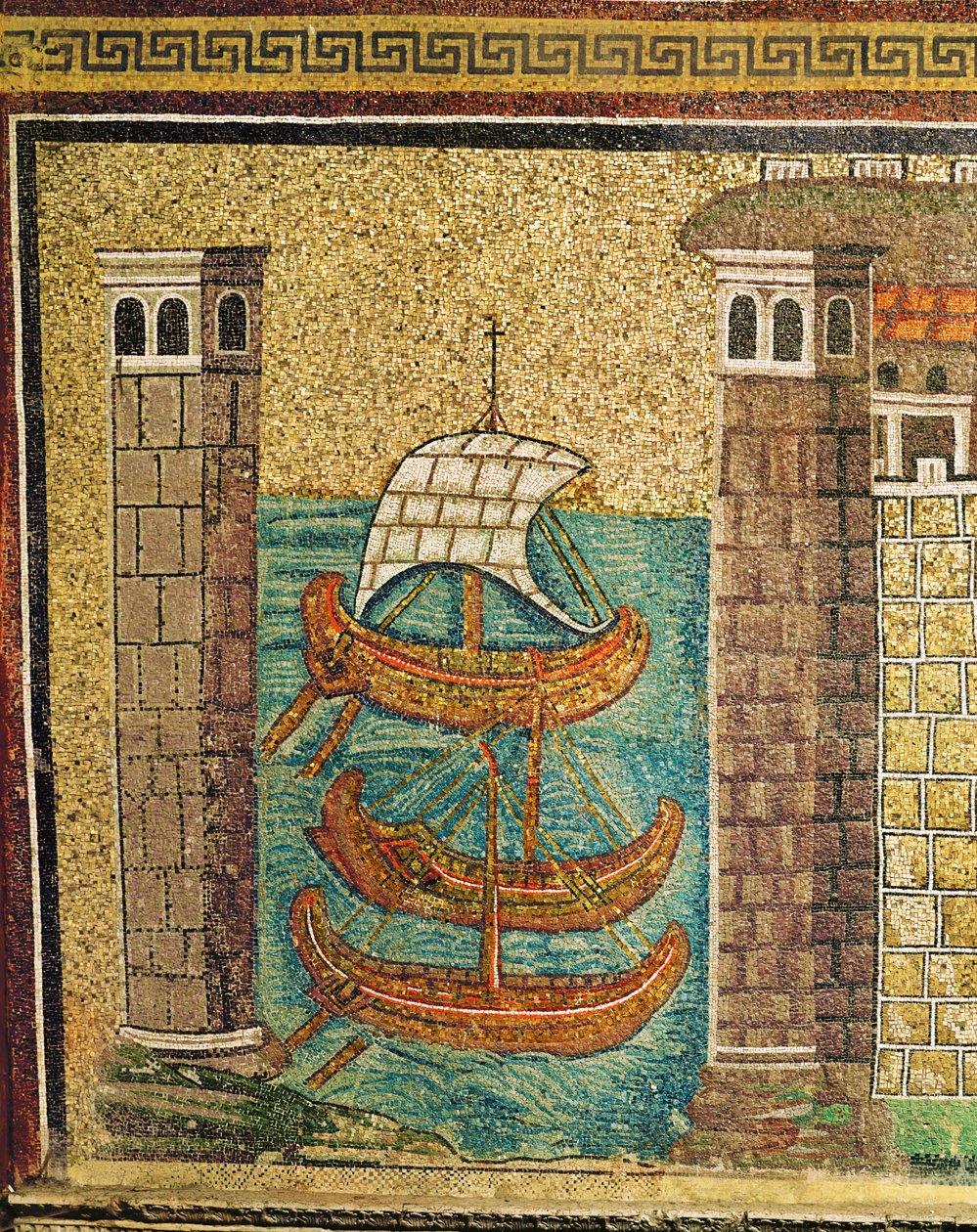 Entrance to the Harbour of Classe, Harbour Towers and Three Ships (detail) by Byzantine School