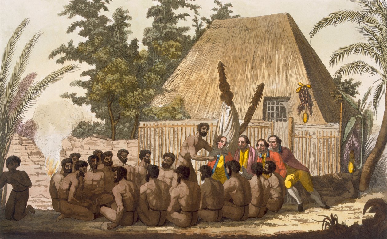 An offering before Captain Cook, acknowledging him as an incarnation of the god Lomo, January 1779, engraved by Angelo Biasioli by C. Bottigella