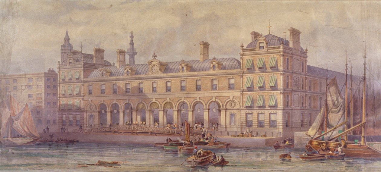 View of Billingsgate Market with Figures and Boats in the Foreground, London, 1877 by CF Kell