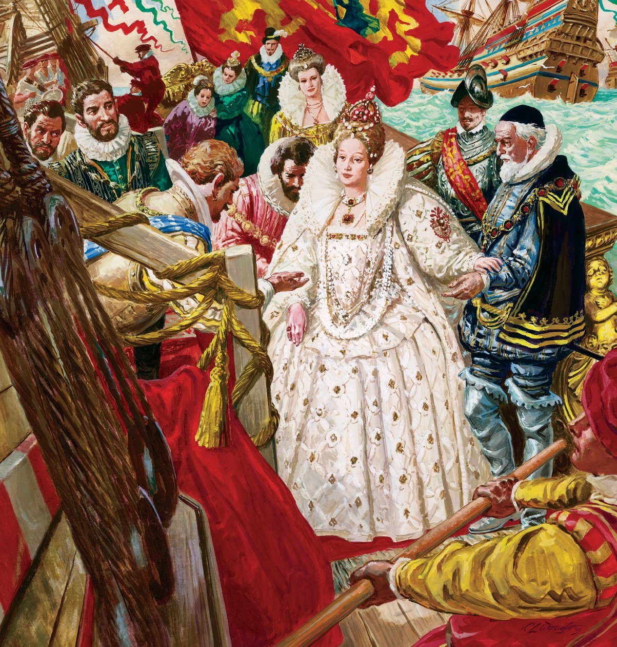 Queen Elizabeth I disembarking, aided by Sir Walter Raleigh by C.L. Doughty