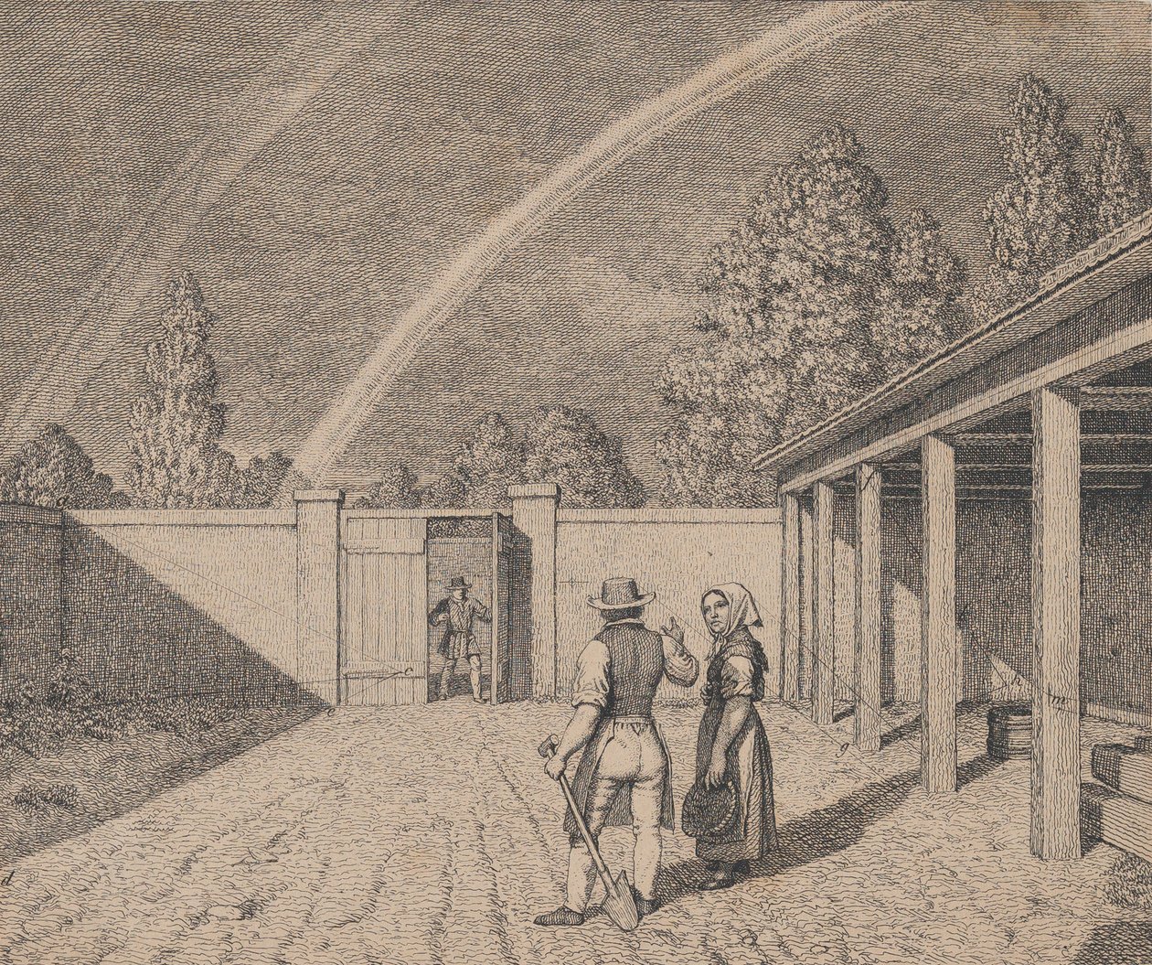 A couple conversing in a stable yard, with a double rainbow overhead, from Linear Perspective, 1841 by Christoffer Wilhelm Eckersberg