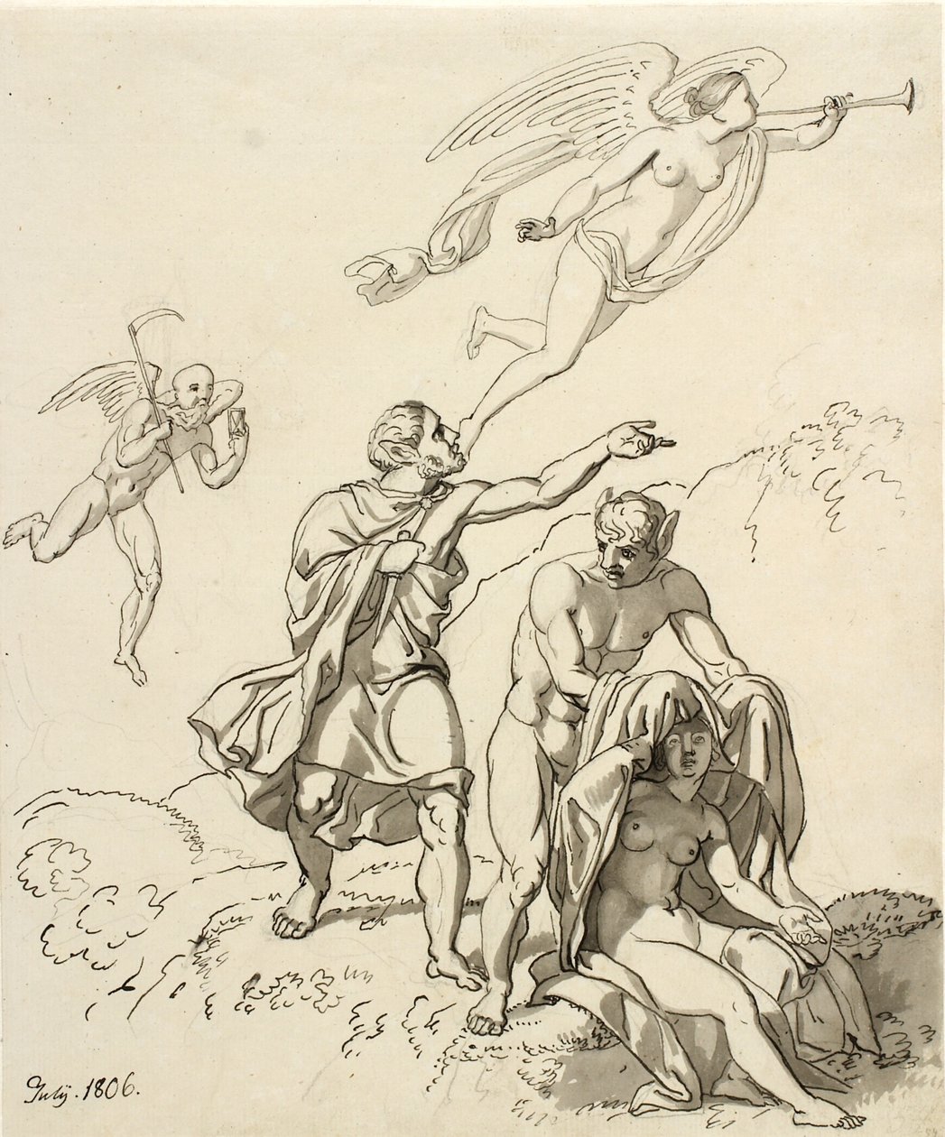 Allegorical Composition; a Couple of Young Men with Donkey Ears and a Seated Naked Woman, in the Background Time and Fauna Floating by Christoffer Wilhelm Eckersberg