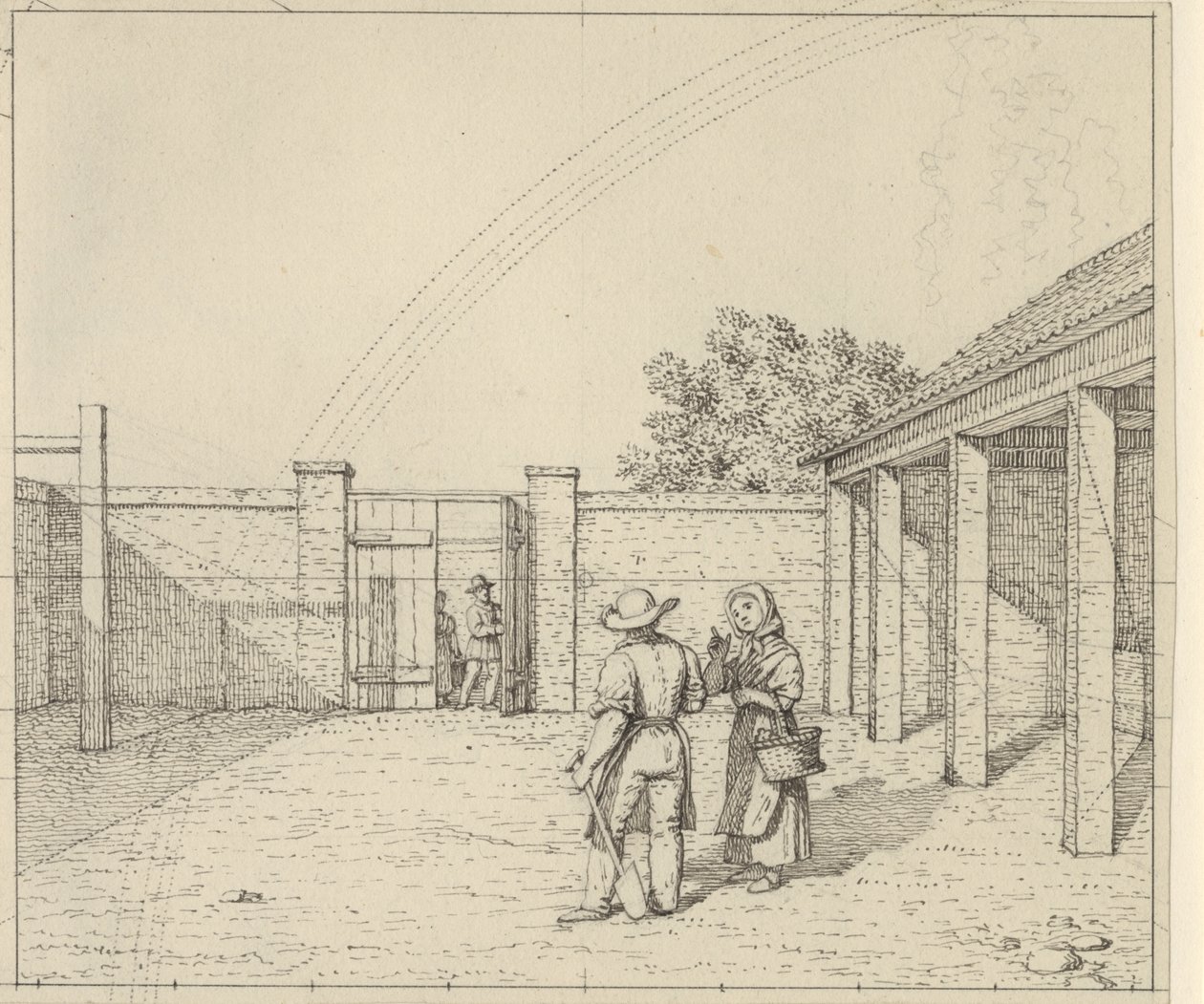 Linear Perspective Applied to Painting - Draft for Unused Version of Plate V,2 - The Rainbow over the Courtyard by Christoffer Wilhelm Eckersberg