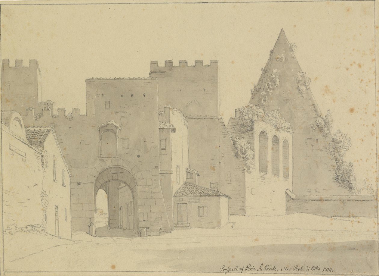 View of Porta S. Paolo and Pyramid of Caius Cestius from the city side, Rome by Christoffer Wilhelm Eckersberg