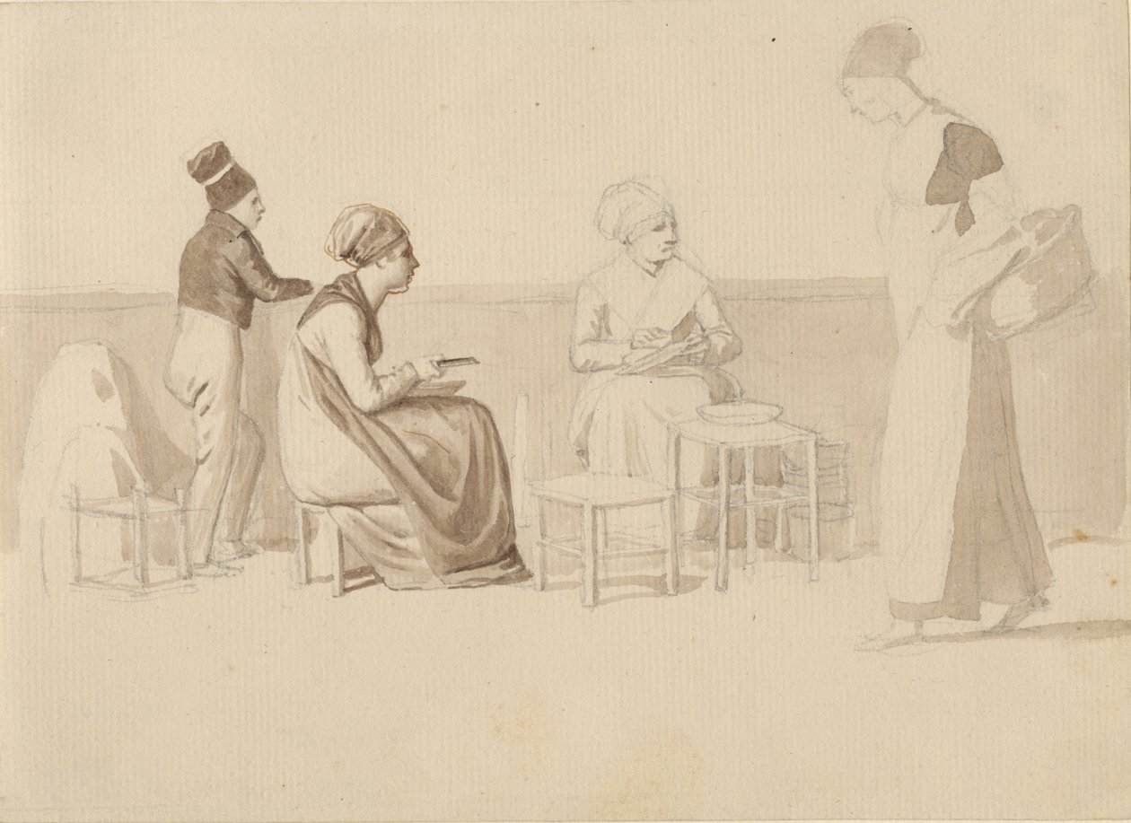 Scene from a Yard or Quay in Paris. Four Sitting, Standing, and Walking Figures. by Christoffer Wilhelm Eckersberg