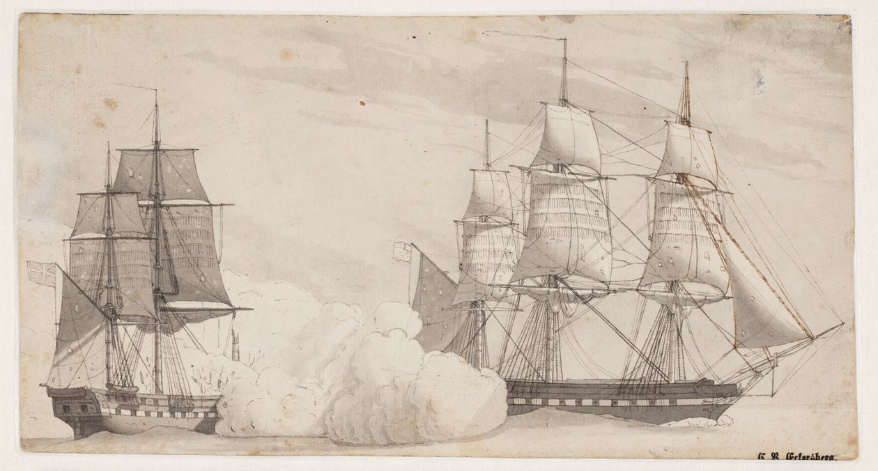 Two Warships in Battle (the English Frigate Shannon and the American Frigate Chesapeake?) by Christoffer Wilhelm Eckersberg