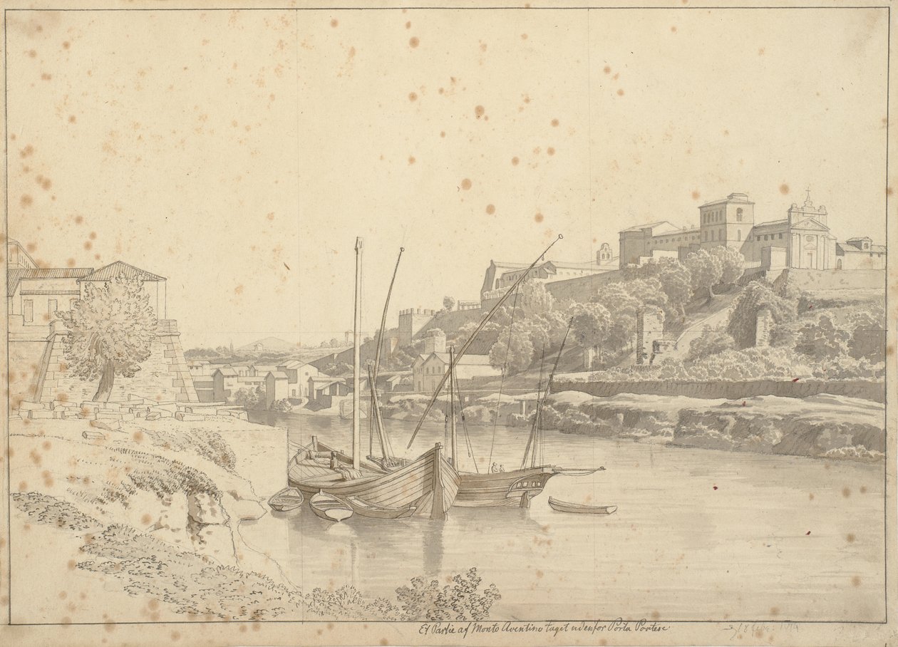 View over the Tiber at Porto di Ripa Grande outside Porta Portese towards Marmorata and the Churches on Monte Aventino, Rome by Christoffer Wilhelm Eckersberg