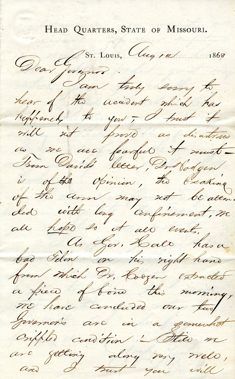 Letter signed C.C. Bailey, Head Quarters, State of Missouri, St. Louis, to Governor [Hamilton R. Gamble], August 12, 1863 by C. C. Bailey