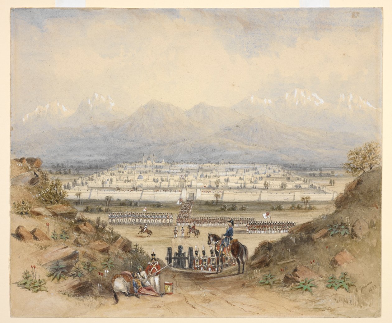 A general reviewing cavalry and infantry, who are about to enter a walled town in mountainous country, perhaps Kandahar by C. Graham