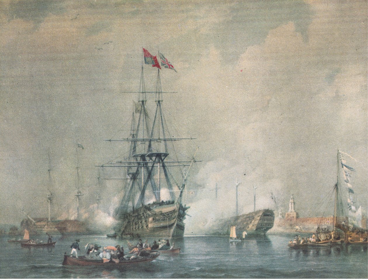 H M S Victory firing a Royal Salute at Portsmouth Harbour, from British Adventure published by Collins, 1947 by C. J. M. Whichello
