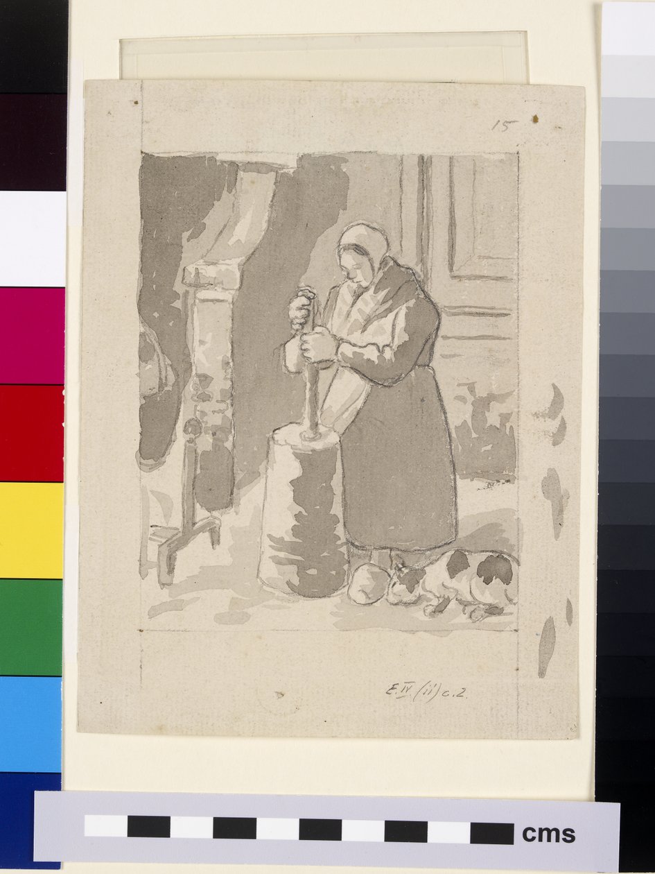 Compositional study of a female peasant making butter by Camille Jacob Pissarro