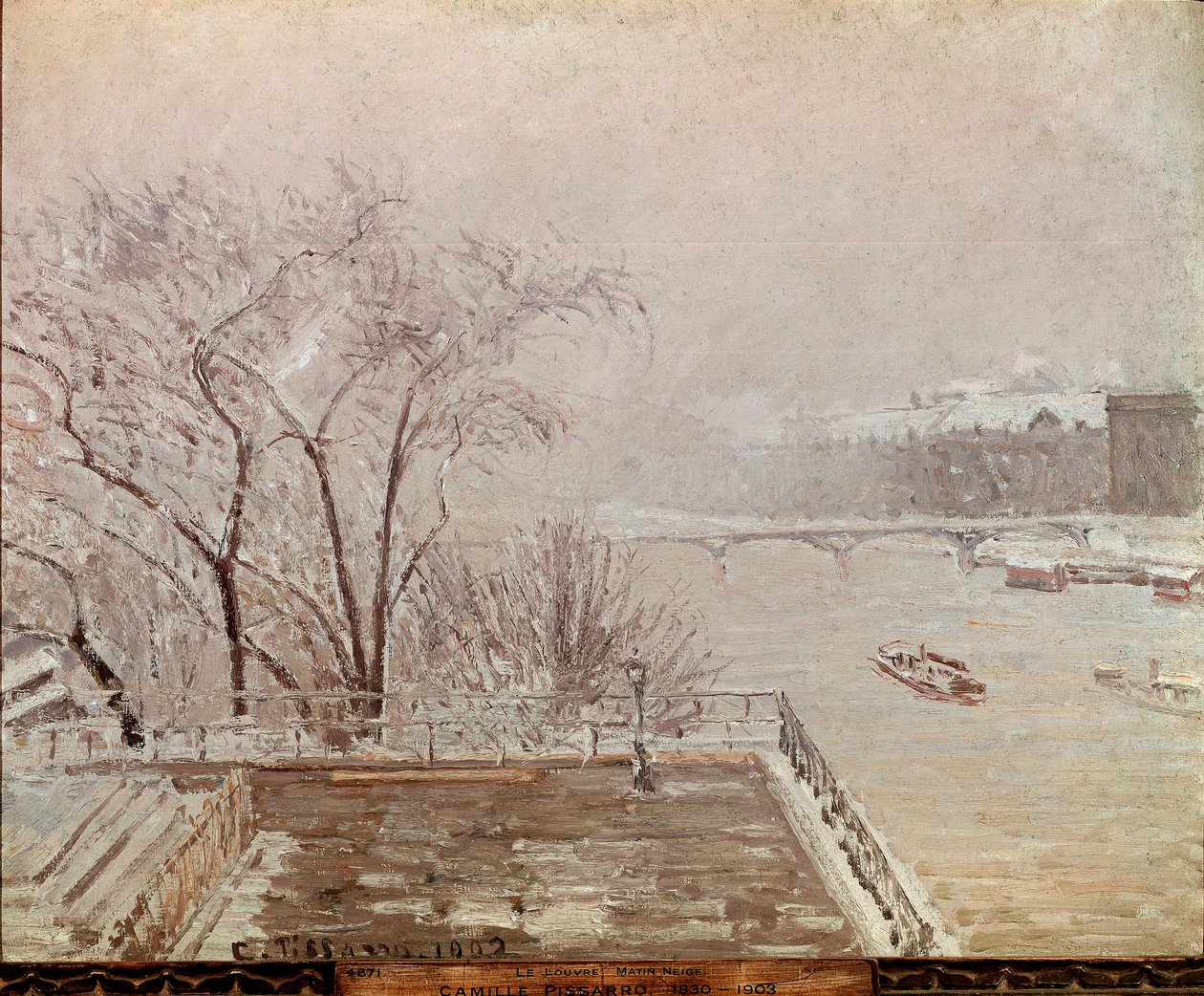 Morning at the Louvre, snow effect by Camille Jacob Pissarro