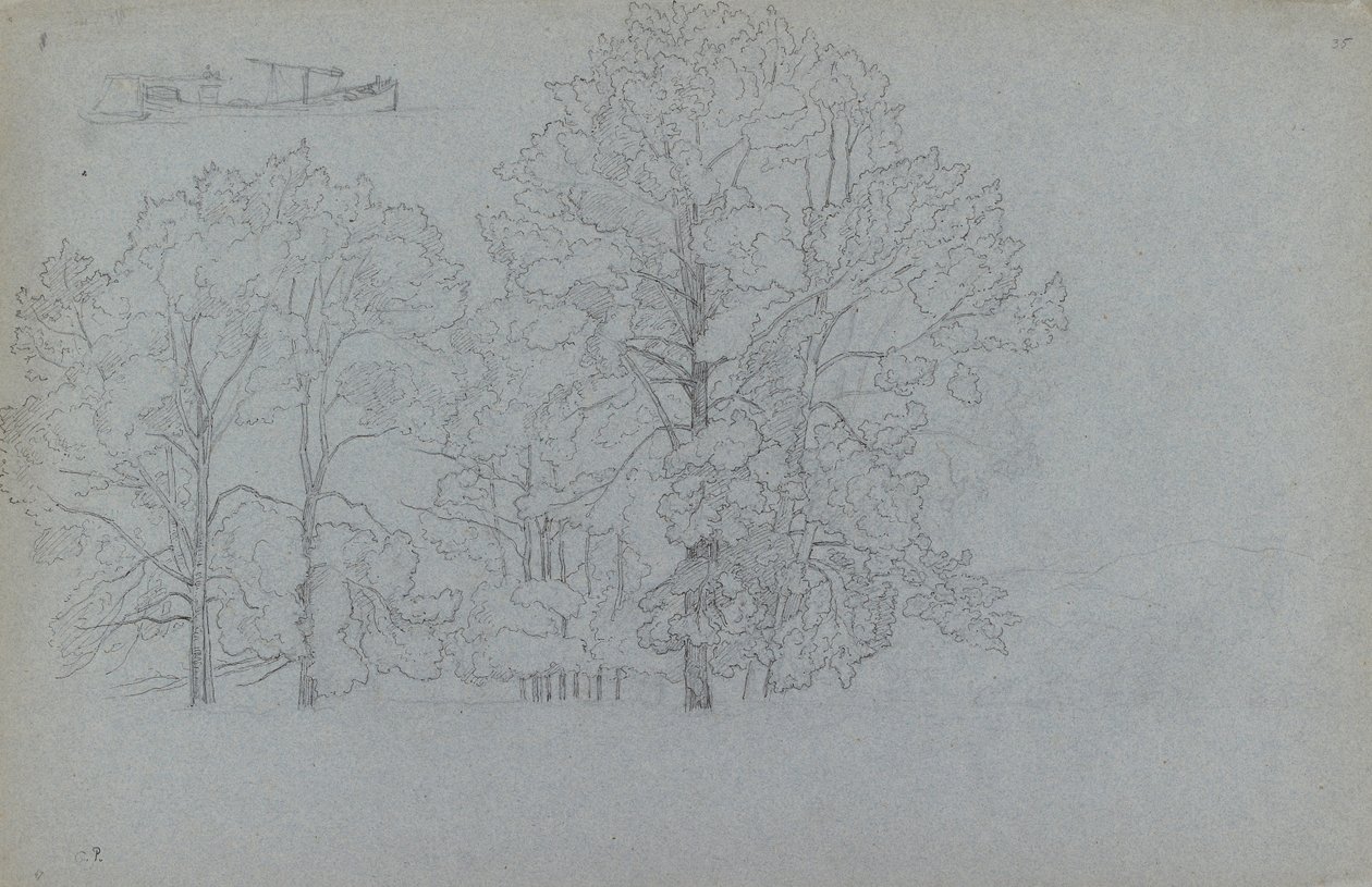 Study of trees, with a slight study of a barge, 1859 by Camille Pissarro