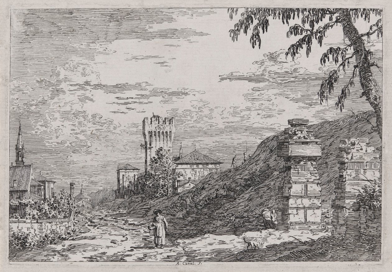 Landscape with Tower and Two Ruined Pillars, from the series Views by Canaletto (Giovanni Antonio Canal)
