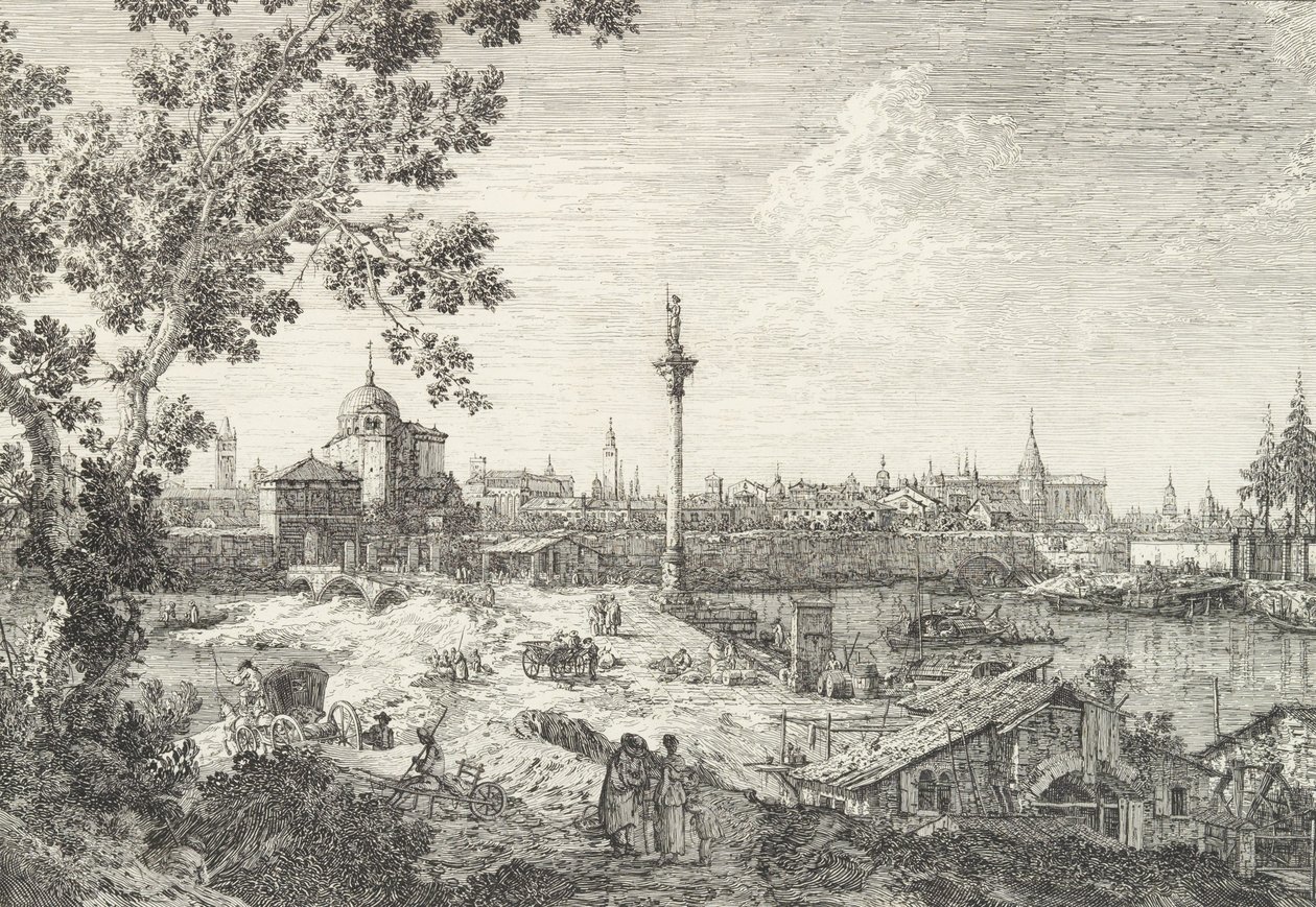 Imaginary View of Padua, with a campanile and domed church at left, a column surmounted by Canaletto