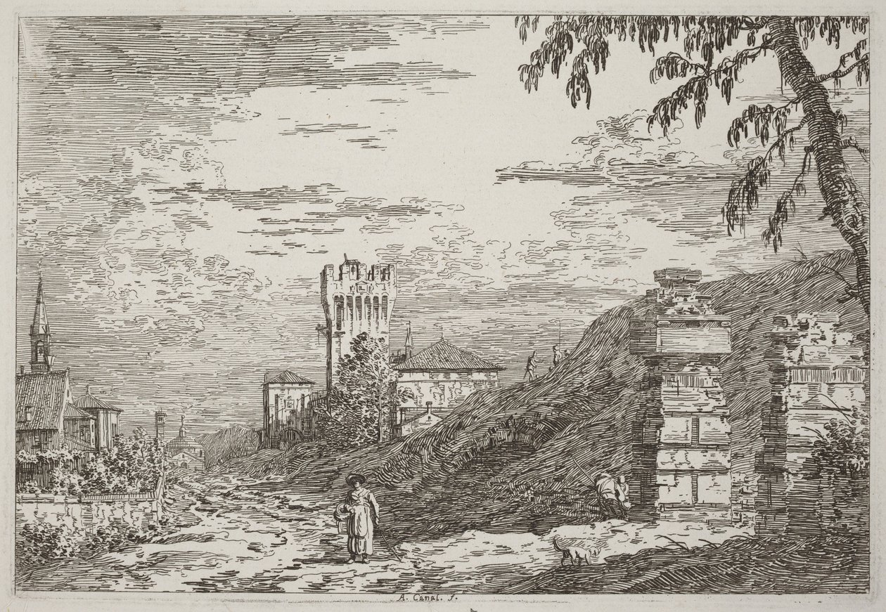 Landscape with Tower and Two Ruined Pillars [left] by Canaletto