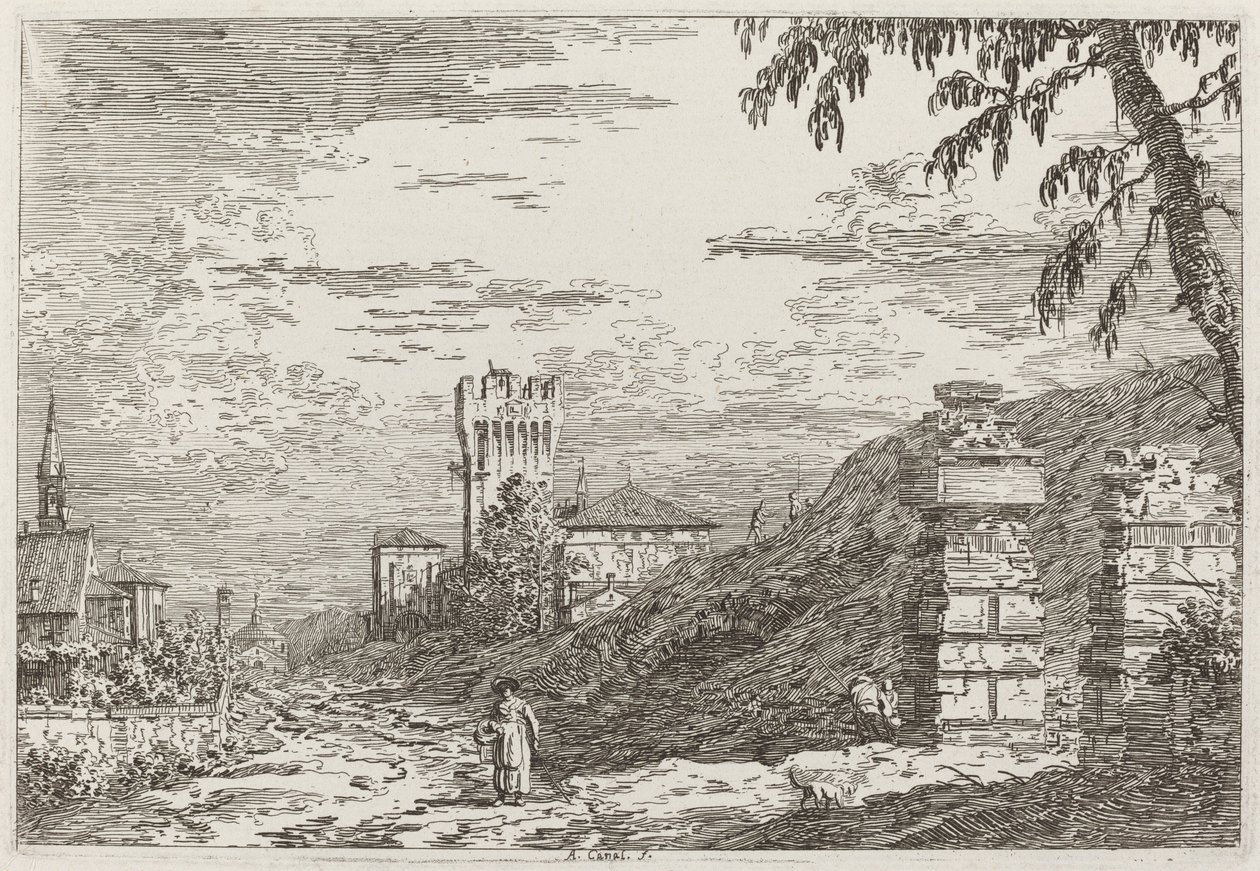 Landscape with Tower and Two Ruined Pillars [left] by Canaletto