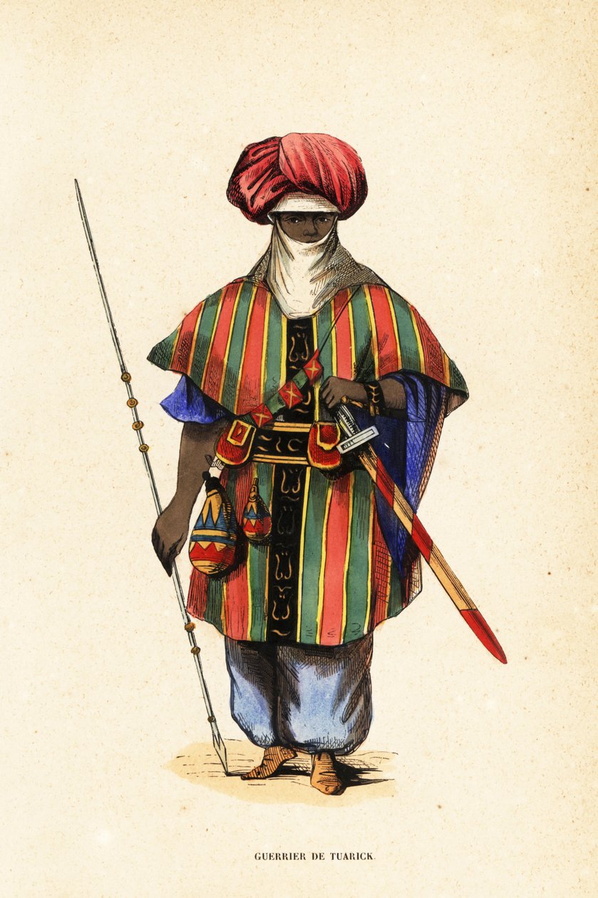 Noble Tuareg warrior of Agadez, Niger, in tagelmust (turban and veil), taktkat (shirt) and akarbey (pants) by Captain George Francis (after) Lyon