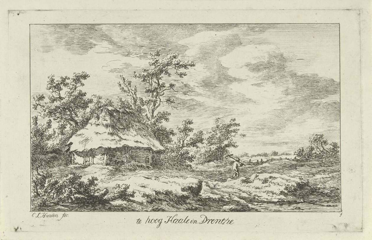 Man with Rake by a Barn, Te hoog Haale in Drenthe (Landscapes A-F) by Carel Lodewijk Hansen