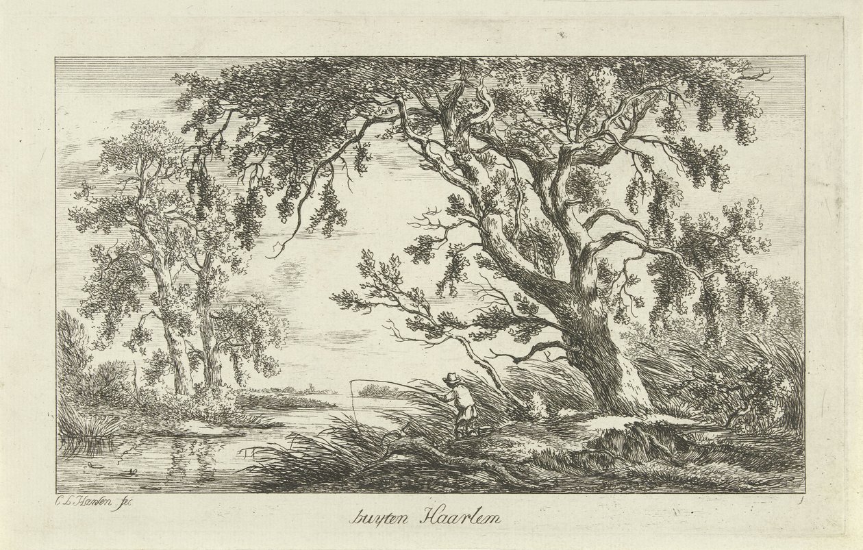Fisherman in a River Landscape, Buyten Haarlem (Landscapes a-f) by Carel Lodewijk Hansen