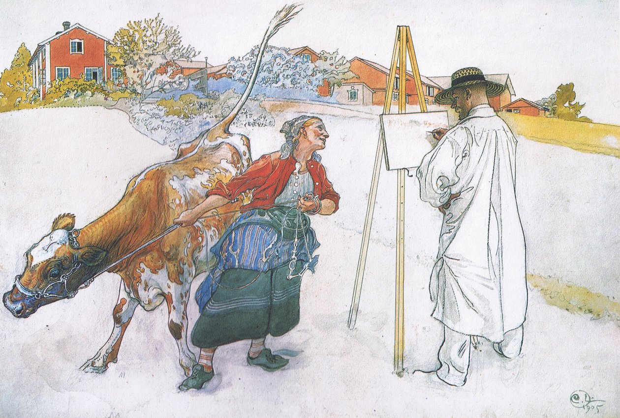 Along came Joanna leading Blomma the cow by Carl Larsson