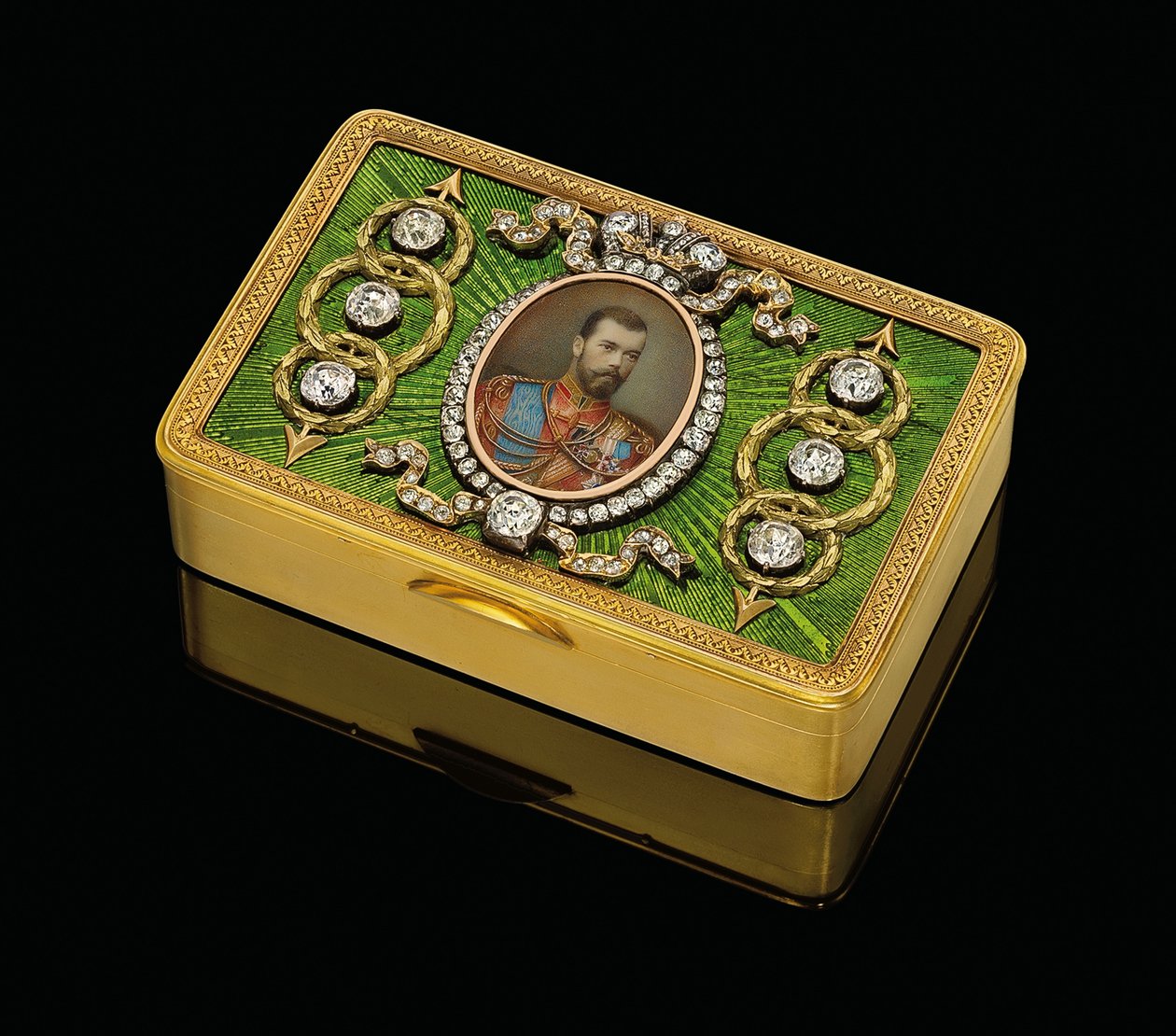 An Imperial presentation snuff-box with a watercolor on ivory miniature of Emperor Nicholas II, c. 1890 by Carl Fabergé