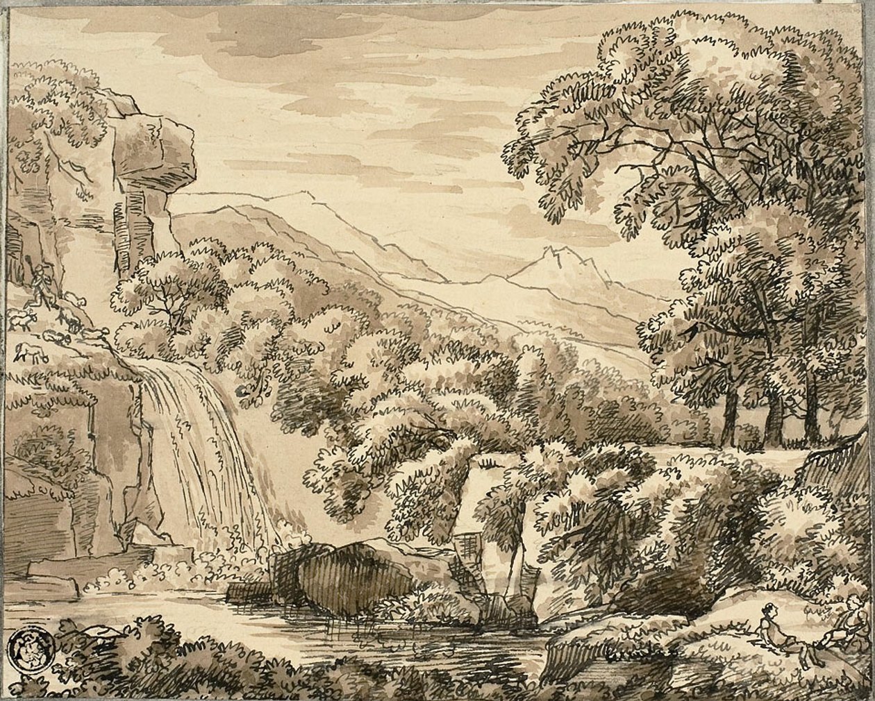 Mountain Landscape with Waterfall and Figures by Carl August Lebschee