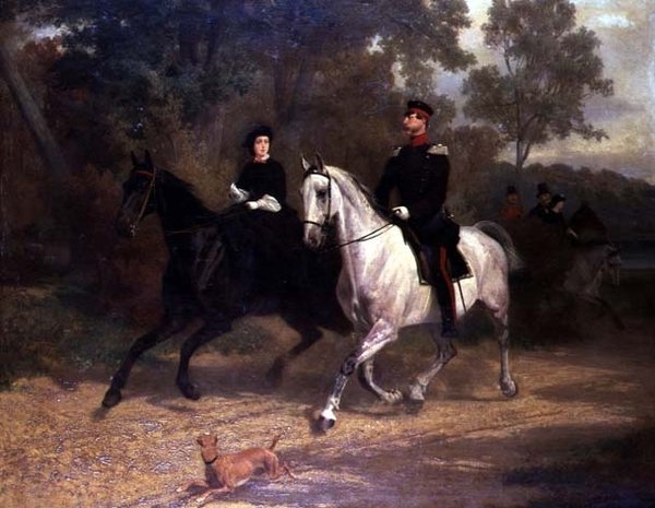 A Lady and an Officer, Possibly Crown Prince and Princess of Prussia, Riding in a Park by Carl Constantin Steffeck