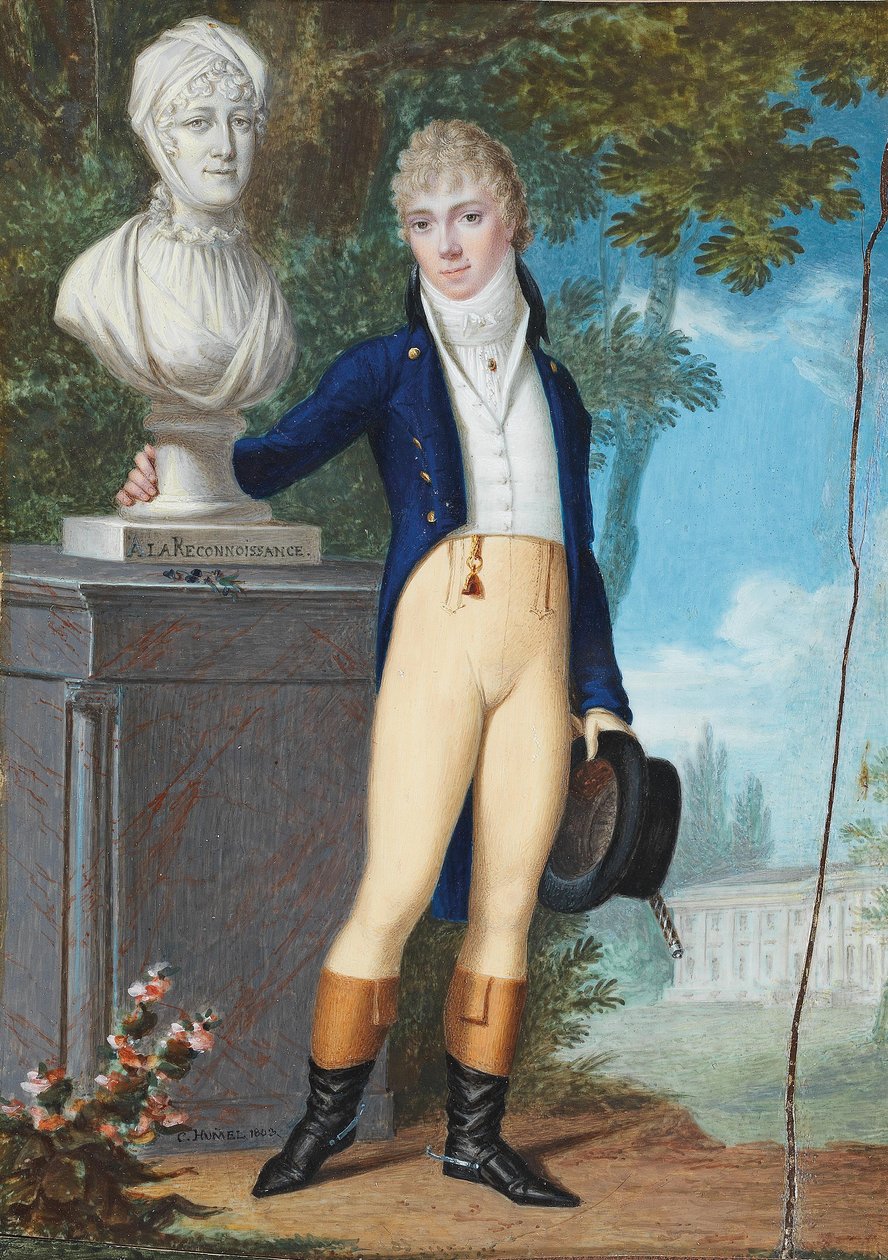 Portrait of a Young Gentleman in Riding Costume, in a Castle Park, Next to the Bust of His Mother with the Inscription 