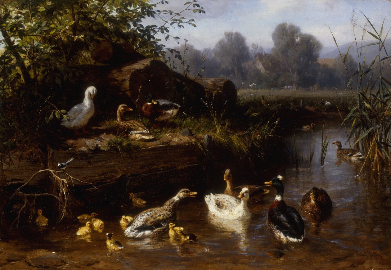 Ducks and Ducklings in a Stream by Carl Jutz